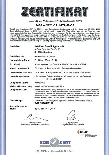 ZDH Zertifikat zur Konformität der Werkseigenen Produktionskontrolle (WPK) 
